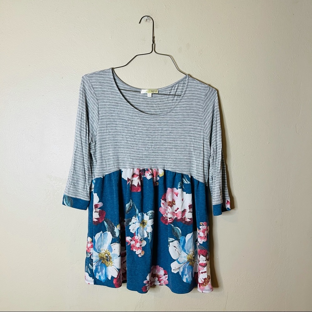 Floral and Striped Knit Babydoll Top